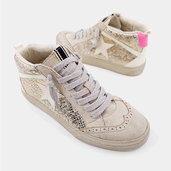 ShuShop WMNS Gold Snakeskin and bone suede High-Top Sneakers size 8.5 - Picture 1 of 6